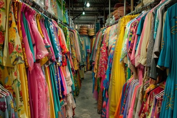 A vibrant closet overflowing with a diverse selection of colorful clothing, highlighting a spectrum of styles and shades, Explore the endless racks of colorful clothing and accessories. AI generated