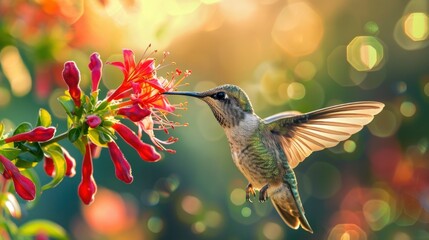 Fototapeta premium A vibrant hummingbird hovers gracefully near bright flowers in a colorful garden, surrounded by blooming flora and warm sunlight on a sunny afternoon.