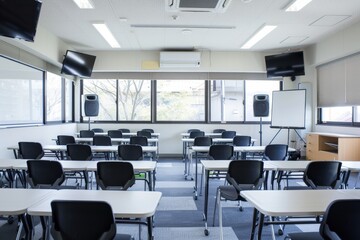 A modern classroom equipped with interactive whiteboards and ergonomic chairs