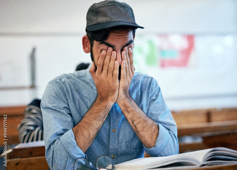 Aufkleber Tired, university student and man in classroom with burnout, anxiety and fatigue from learning for exam. Lecture, stress and hands on face with headache at college desk with study textbook on campus