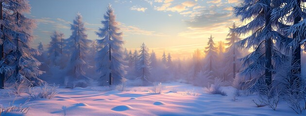 peaceful snowy forest clearing at dawn with snow softly blanketing the ground and frost-covered pine trees