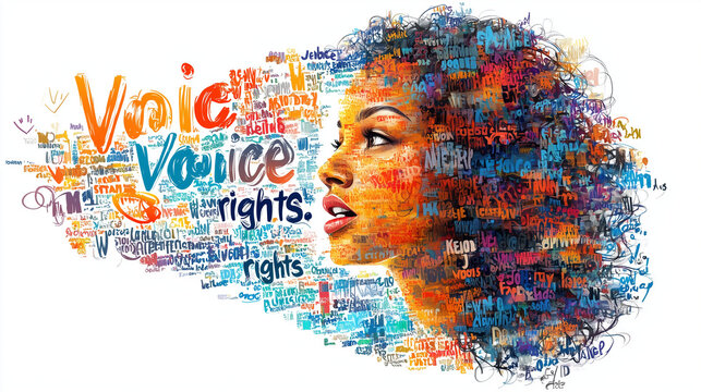 Freedom of Speech Bubble: A large, colorful speech bubble with diverse words like "voice" and "rights."