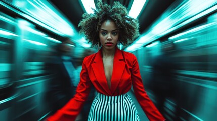 A stylish woman in a red blazer and striped skirt stands in a subway station, the motion blur around her giving the sense of speed and the bustling nature of urban life.