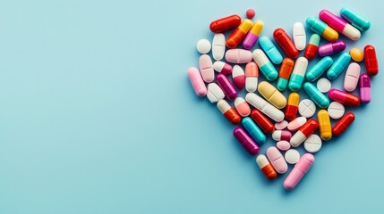 A heart-shaped arrangement of colorful pills and capsules, symbolizing care and wellness