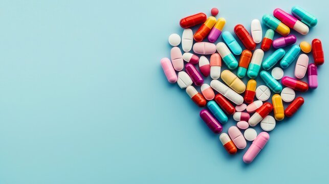 A heart-shaped arrangement of colorful pills and capsules, symbolizing care and wellness