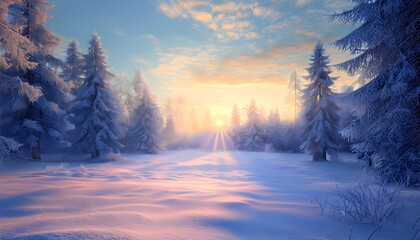 peaceful snowy forest clearing at dawn with snow softly blanketing the ground and frost-covered pine trees