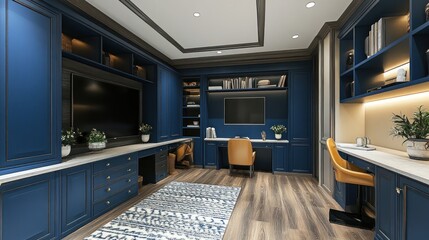 A modern home office with blue cabinets and a built in entertainment center.