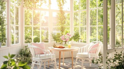 A bright and airy sunroom with large windows and white wicker chairs, perfect for relaxing and enjoying the view.