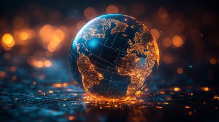 The globe displays transparent flight routes linking various global destinations at night