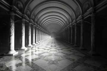 Obraz premium A long hallway featuring a checkered floor and large windows, creating a bright and spacious atmosphere, showcasing its architectural elegance and historical significance, 