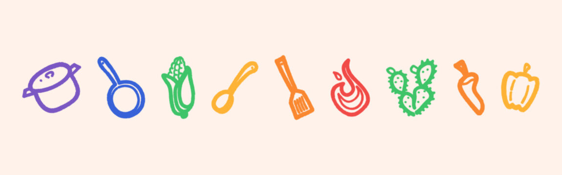 Ingredientes de cocina t&iacute;picos de la gastronom&iacute;a mexicana y utensilios de cocina, minimalistas. Incluyen un ma&iacute;z, una flama, un pimiento, una esp&aacute;tula, un nopal, una olla, un sart&eacute;n y un chile.