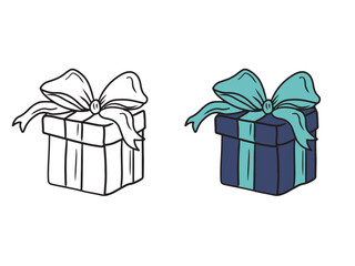 Beautiful blue cardboard box decorated with ribbon and bow as a happy birthday gift on white. Hand drawn vector sketch illustration in doodle engraved vintage line art style. Christmas, coloring book