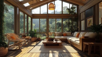 Fototapeta premium A bright and airy living room with wooden floors and large windows overlooking a lush green forest