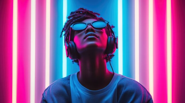 A person is immersed in music, wearing large headphones, positioned against a vibrant backdrop of neon blue and red lights, creating a sense of modernity and rhythm.