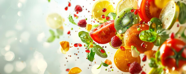 Colorful assortment of fresh fruits and vegetables floating in the air against a bright background, captured during daytime to showcase healthy eating and vibrant flavors