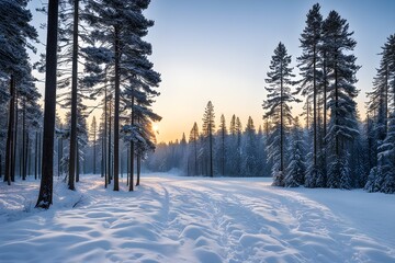 peaceful snowy forest clearing at dawn with snow softly blanketing the ground and frost-covered pine trees