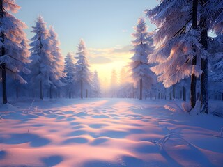 peaceful snowy forest clearing at dawn with snow softly blanketing the ground and frost-covered pine trees