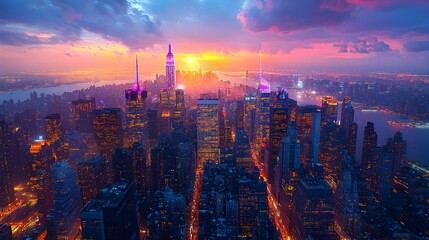 Fototapeta premium Vibrant Nighttime Cityscape, an aerial perspective showcasing illuminated skyscrapers and lively urban activity, reflecting the energy and vibrance of city life after dark