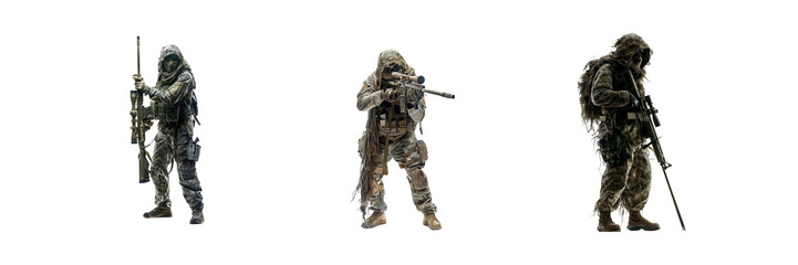 Set of Fictional soldier with full body of a Sniper in combat gear isolated on a transparent background