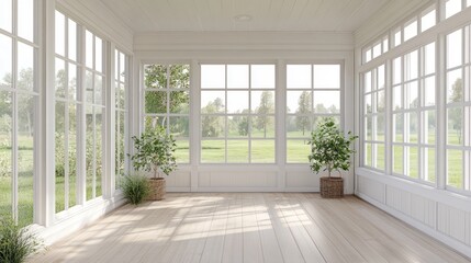 Fototapeta premium Empty sunroom with large windows, hardwood floor, and greenery.