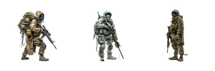 Set of Fictional soldier with full body of a Sniper in combat gear isolated on a transparent background
