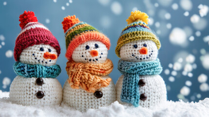 Three cheerful snowmen wearing colorful knitted hats and scarves, standing together in the snow, creating a festive and cozy winter scene.
