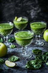 An arrangement of several glasses filled with green smoothie and served with green apples and spinach leaves