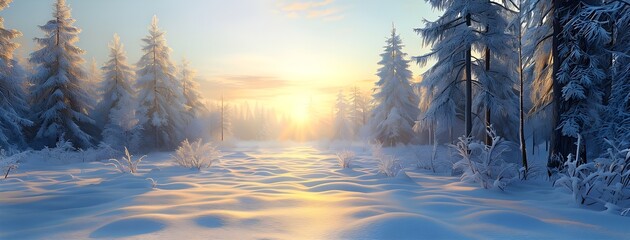 peaceful snowy forest clearing at dawn with snow softly blanketing the ground and frost-covered pine trees