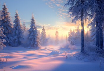 peaceful snowy forest clearing at dawn with snow softly blanketing the ground and frost-covered pine trees