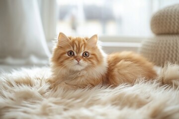 Obraz premium Adorable Fluffy Persian Cat Relaxing on Cozy Fur Rug