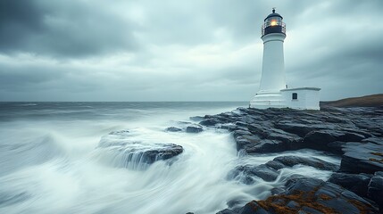 Obraz premium Stormy Shores, a weathered lighthouse stands resilient against crashing waves, surrounded by jagged rocks, as dark clouds loom overhead, embodying nature's fierce power.