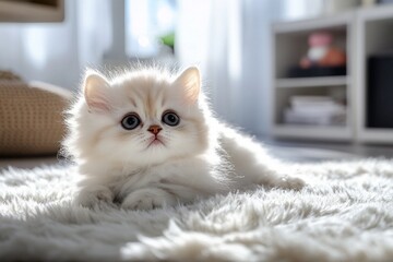 Obraz premium Adorable Fluffy Kitten Relaxing in Sunlit Living Room