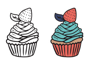 Beautiful realistic tasty cupcake with blue cream and strawberry decoration on white. Hand drawn vector sketch illustration in doodle engraved vintage line art style. Dessert, bakery, coloring book.