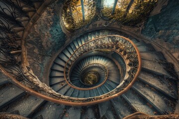 An elegant spiral staircase adorned with a white railing, spiraling upward in a stylish and sophisticated manner, Fashion a visual representation of a never-ending staircase, AI generated
