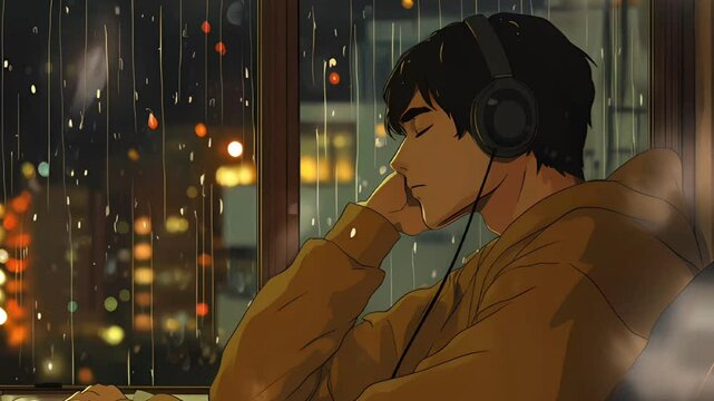 A young man wearing headphones relaxes by a window, listening to music as rain falls outside. The soft glow of city lights and raindrops create a peaceful and introspective mood in the night scene.