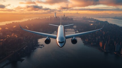 A passenger plane is flying above a bustling city at sunset, highlighting skyline and water