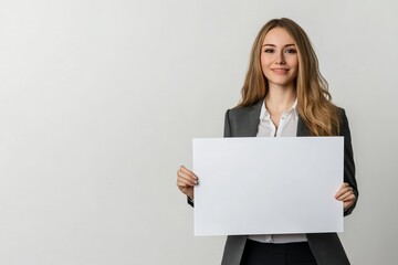 Naklejka premium Businesswoman holding a blank sheet of paper against a light background.