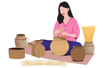country woman is sitting and weaving a container with bamboo.isolated on white background vector design