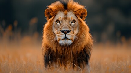 Majestic lion gazing in the savannah, golden mane flowing in the breeze, embodying strength and grace in the wild, surrounded by tall grasses and distant acacia trees.