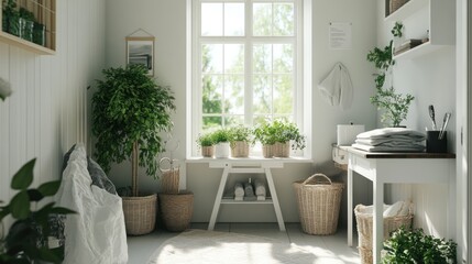 Fototapeta premium A bright and airy laundry room with a window, plants, and woven baskets.