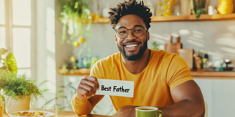 Handsome African man holding a "Best Father" sign in Kitchen Background, cheerful Fathers Day scene
