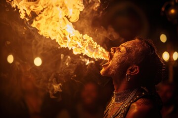 A man with flames bursting from his mouth, demonstrating the art of fire breathing in a visually stunning manner, Fire-breathing performers captivating the audience, AI generated