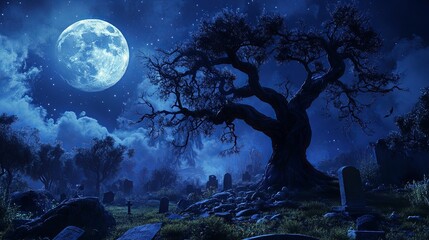 Obraz premium Under a bright full moon a gnarled tree looms over a quiet graveyard casting shadows across old tombstones as mist swirls in the cool night air creating a haunting atmosphere