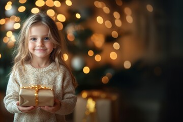A little girl holding a Christmas present.