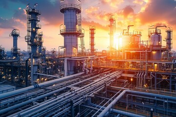 Oil refinery complex with pipes and tanks