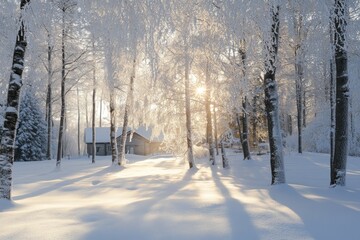 Obraz premium Sun Shining Through Snowy Trees with a Cabin in the Distance