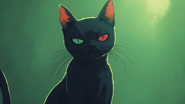 Mysterious Black Cat Spirit in Emerald Green Surreal Backdrop