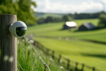 Modern Security Camera Overlooking Serene Countryside Landscape