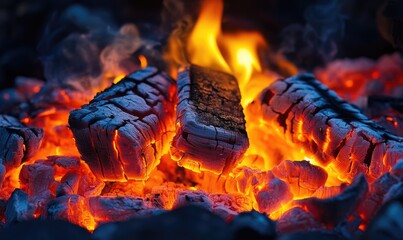A brightly burning log closeup, flames flickering, glowing ash