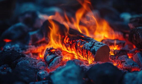 A brightly burning log closeup, flames flickering, glowing ash